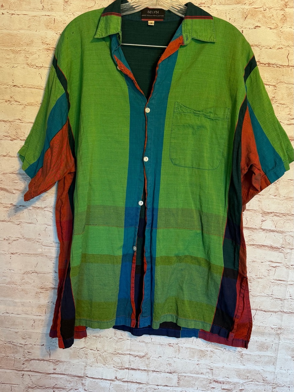 Men's color block 100% cotton hand woven Multi-Stripe Short-Sleeve Button Shirt
